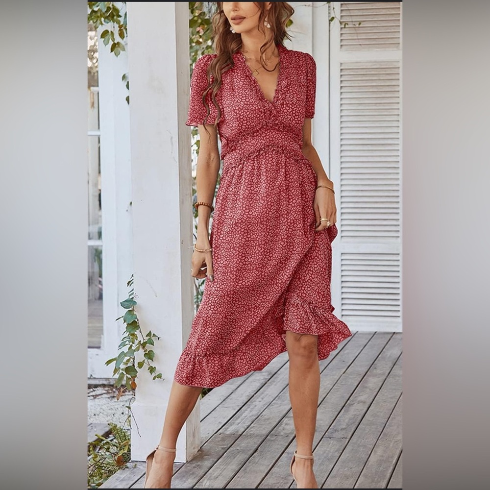 Red Flutter Sleeve Faux Wrap Midi Dress